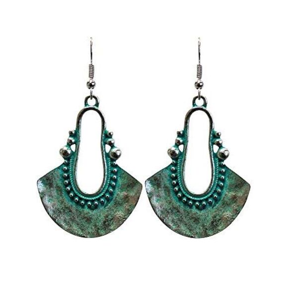 Turquoise Patina Metal Dangle Hook Earrings - Picture 3 of 4